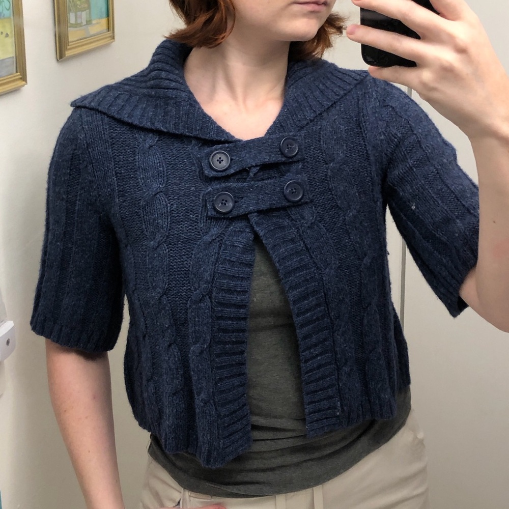 Navy blue knit cropped sweater with button up front and 3/4 sleeves